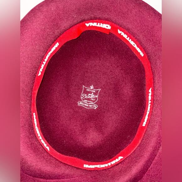 VTG BOLLMAN HAT CO DOESKIN FELT 100% WOOL MAROON RED RIBBON TRIM FLOWERS 1 SIZE - Picture 4 of 9